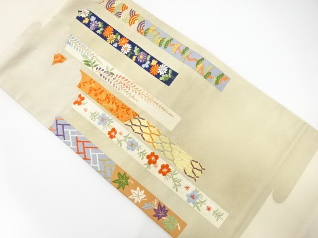 アンティーク　短冊に桜・藤模様織り出し開き名古屋帯（額縁仕立て）